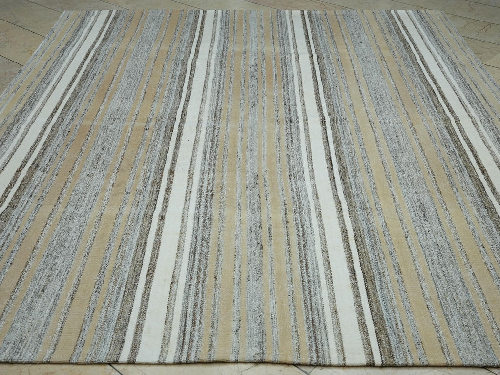 Oversize White and Gray Striped Kilim Rug: 7.5x9,Vintage Turkish Cotton Rugs.