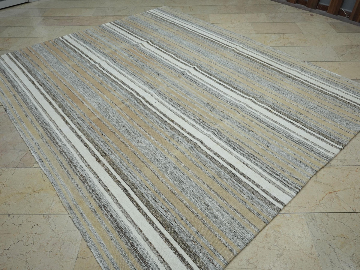 Oversize White and Gray Striped Kilim Rug: 7.5x9,Vintage Turkish Cotton Rugs.