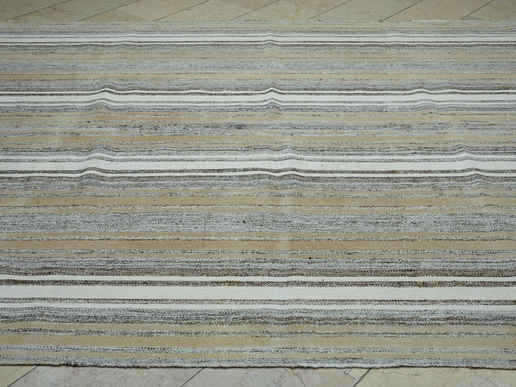 Oversize White and Gray Striped Kilim Rug: 7.5x9,Vintage Turkish Cotton Rugs.