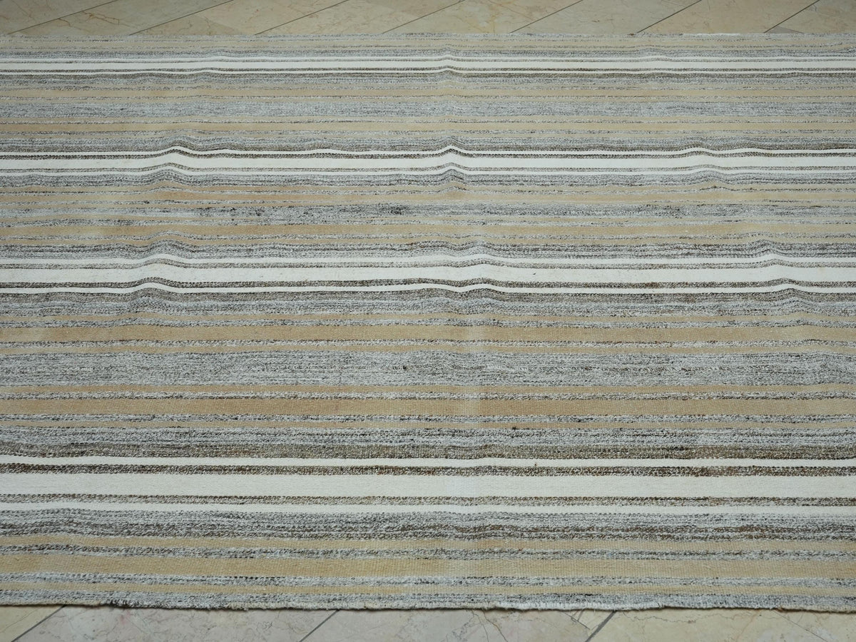 Oversize White and Gray Striped Kilim Rug: 7.5x9,Vintage Turkish Cotton Rugs.