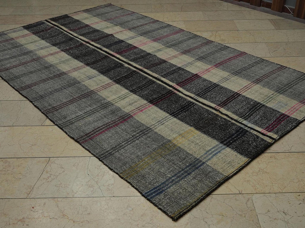 Mid Century Modern Turkish Kilim Rug: 5.8"x9.3' Striped Goat Hair Rugs.