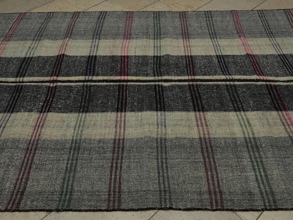 Mid Century Modern Turkish Kilim Rug: 5.8"x9.3' Striped Goat Hair Rugs.