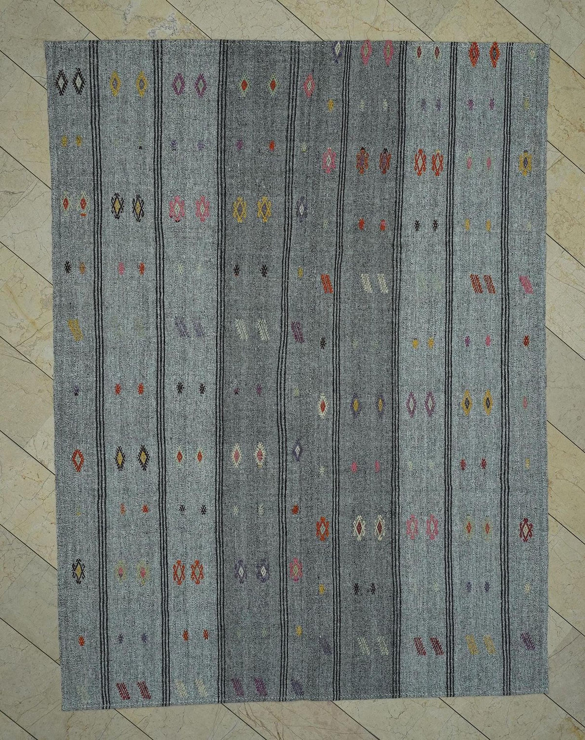 7x9 Minimalist Embroidered Turkish Flat Weave Silver Gray Kilim Rug,Home Living Decor Rugs