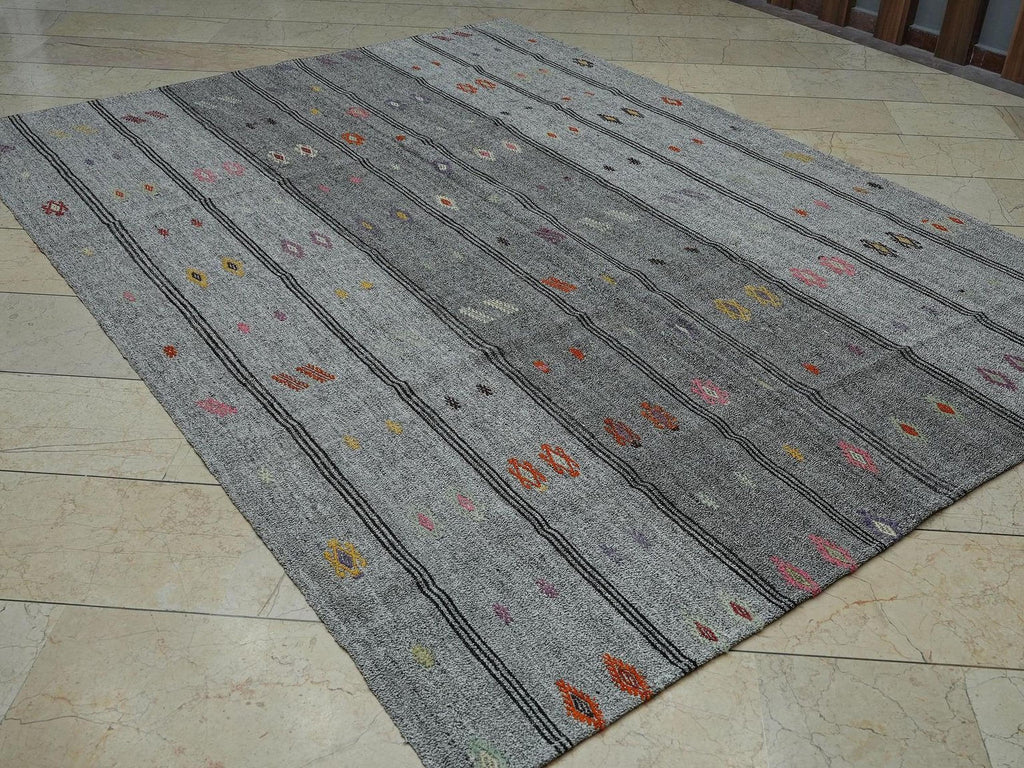7x9 Minimalist Embroidered Turkish Flat Weave Silver Gray Kilim Rug,Home Living Decor Rugs