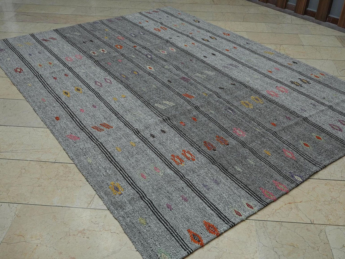 7x9 Minimalist Embroidered Turkish Flat Weave Silver Gray Kilim Rug,Home Living Decor Rugs