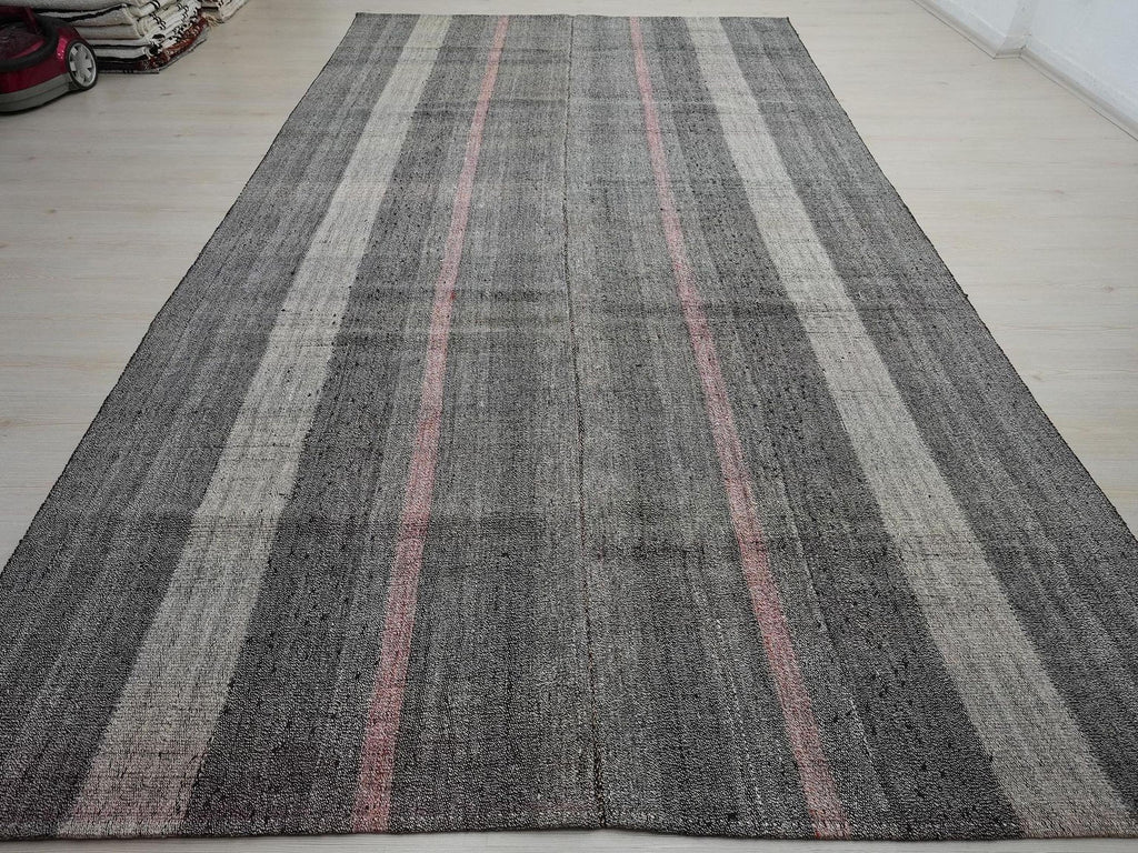 Vintage Pink Gray Stripe Kilim Rug: Long Turkish Flat Woven Rugs 7x12 Ft