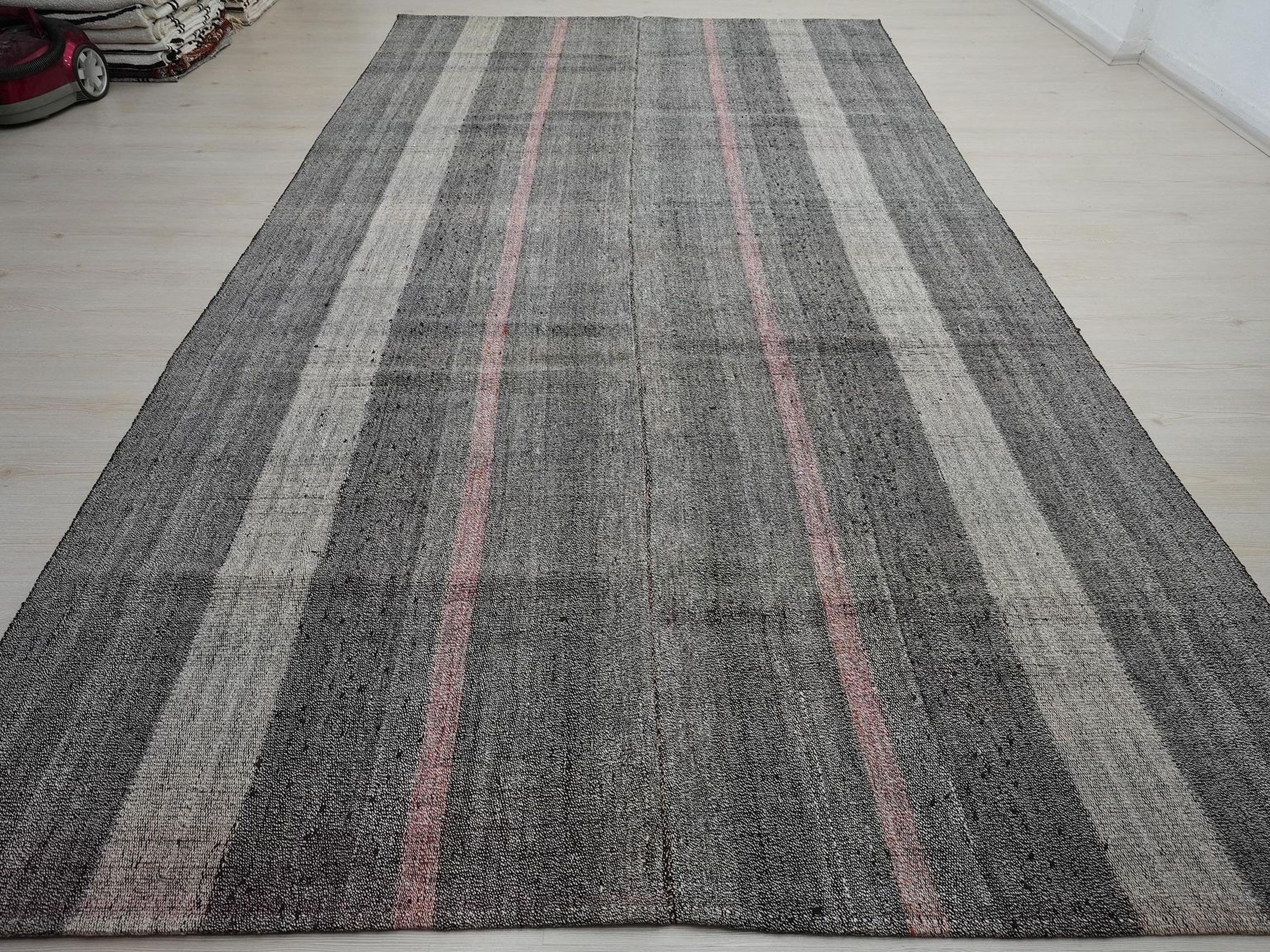 Vintage Pink Gray Stripe Kilim Rug: Long Turkish Flat Woven Rugs 7x12 Ft