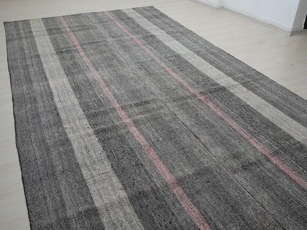 Vintage Pink Gray Stripe Kilim Rug: Long Turkish Flat Woven Rugs 7x12 Ft