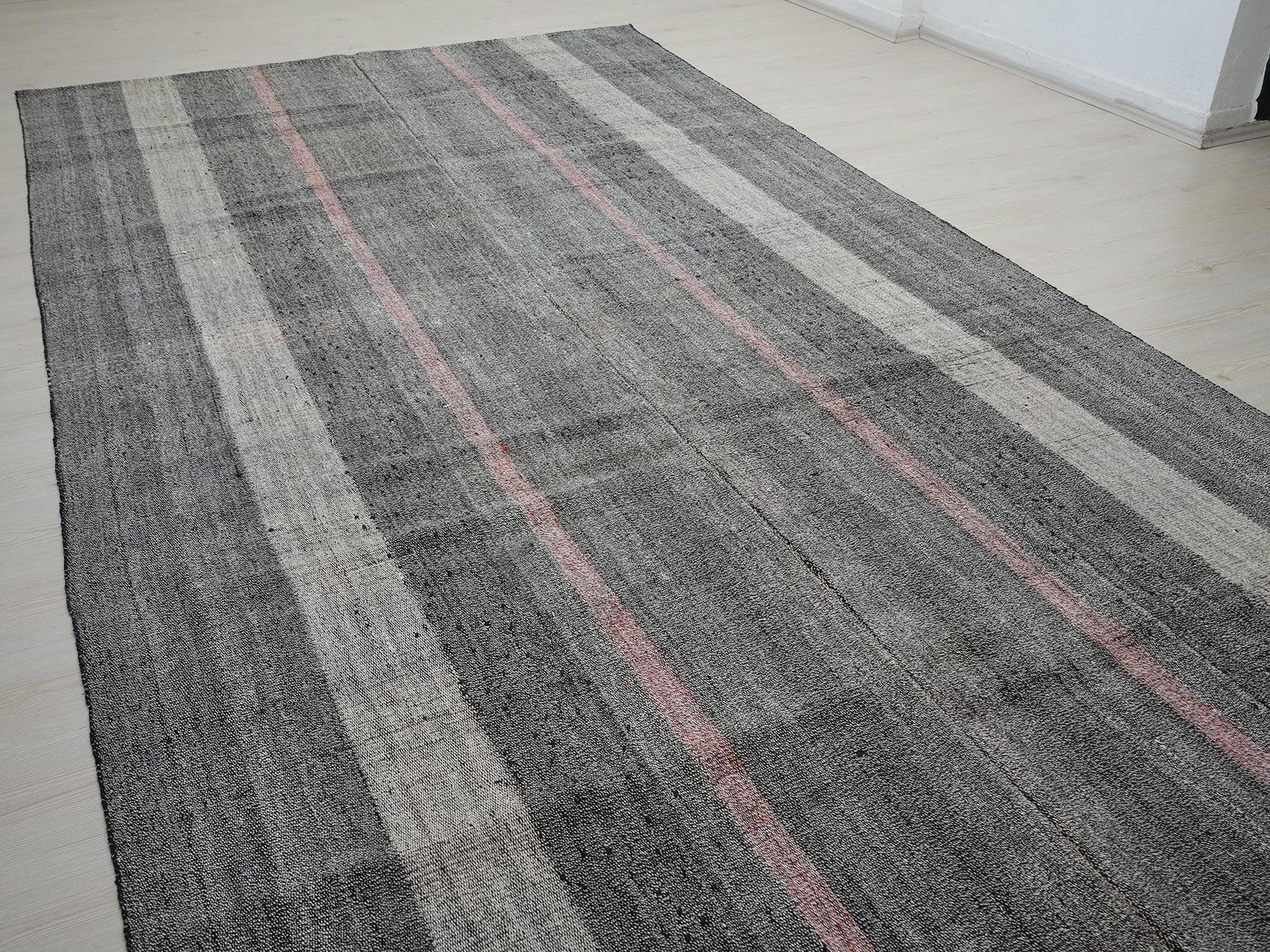 Vintage Pink Gray Stripe Kilim Rug: Long Turkish Flat Woven Rugs 7x12 Ft