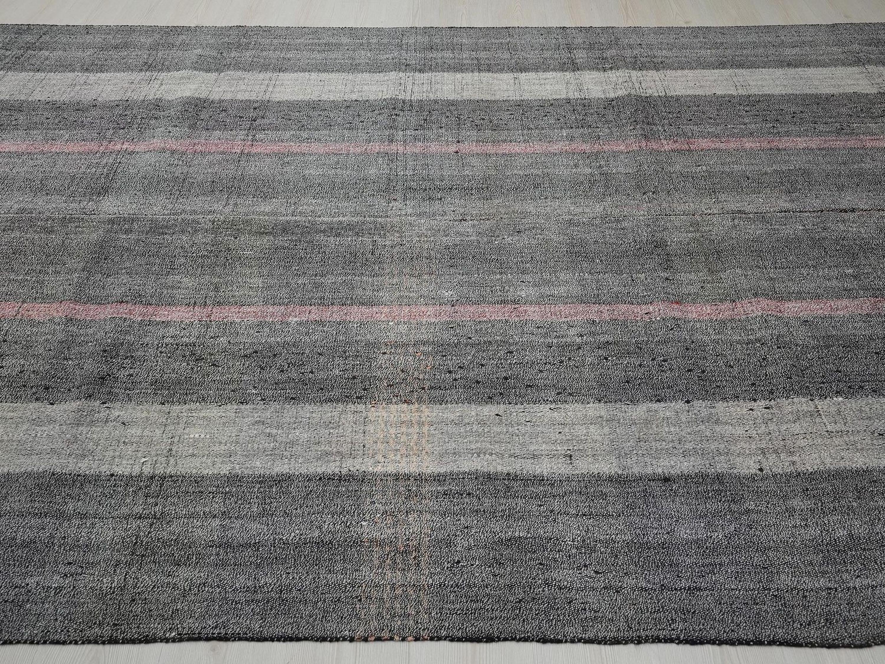 Vintage Pink Gray Stripe Kilim Rug: Long Turkish Flat Woven Rugs 7x12 Ft