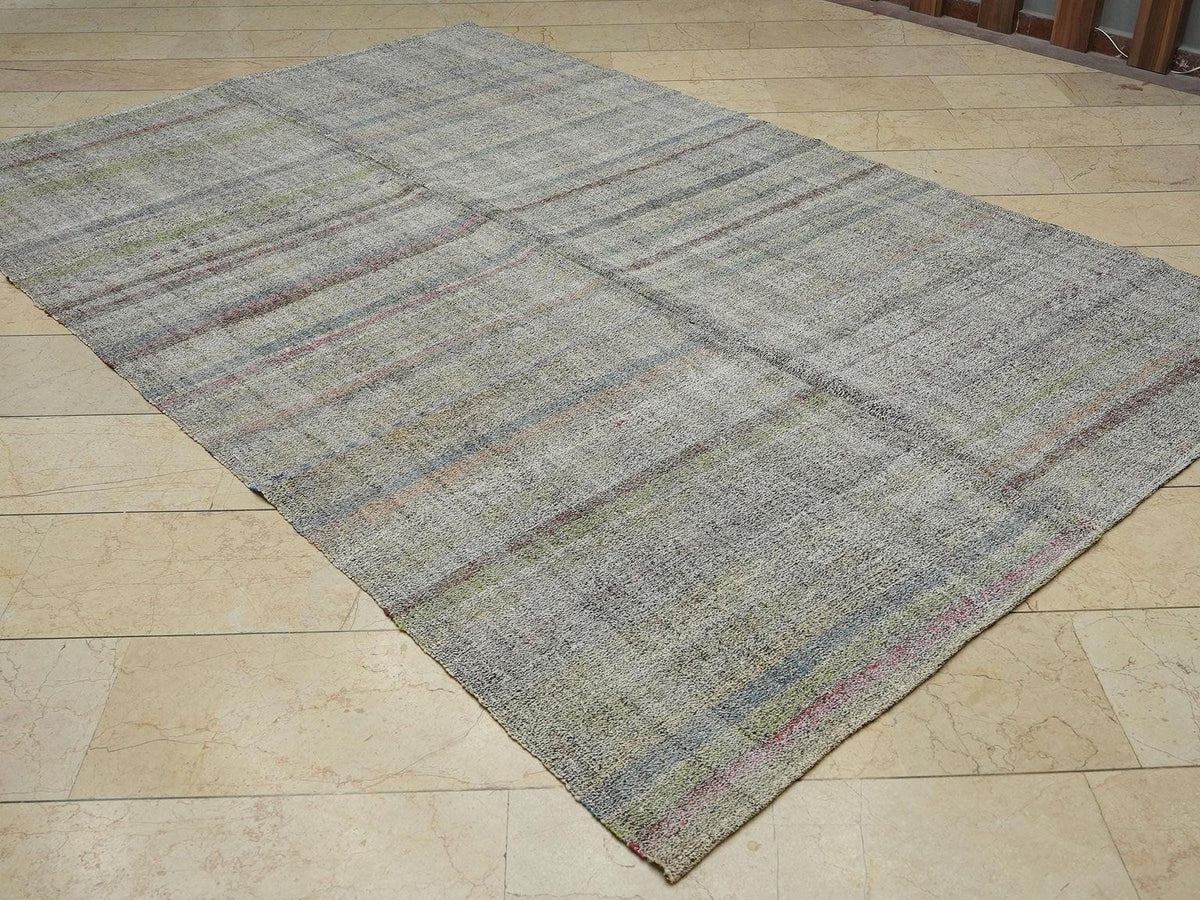 Vintage Turkish Kilim Rug: Minimalist Flat Weave, Modern Stripe (6,4x9,8 Feet)