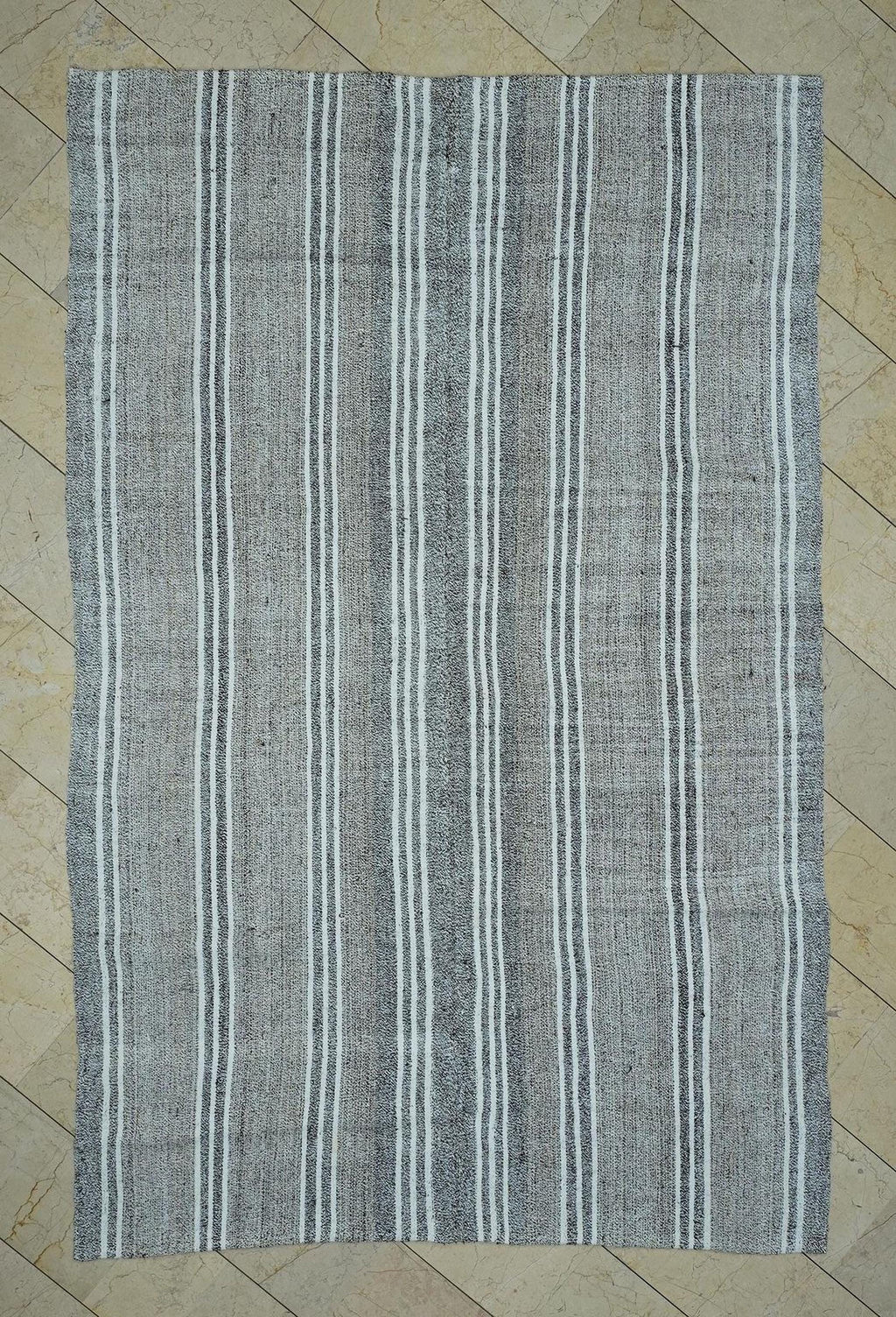 Vintage Turkish Kilim Rug: White Striped Gray Cotton & Goat Hair Rugs 6.1"x9.5" Feet.