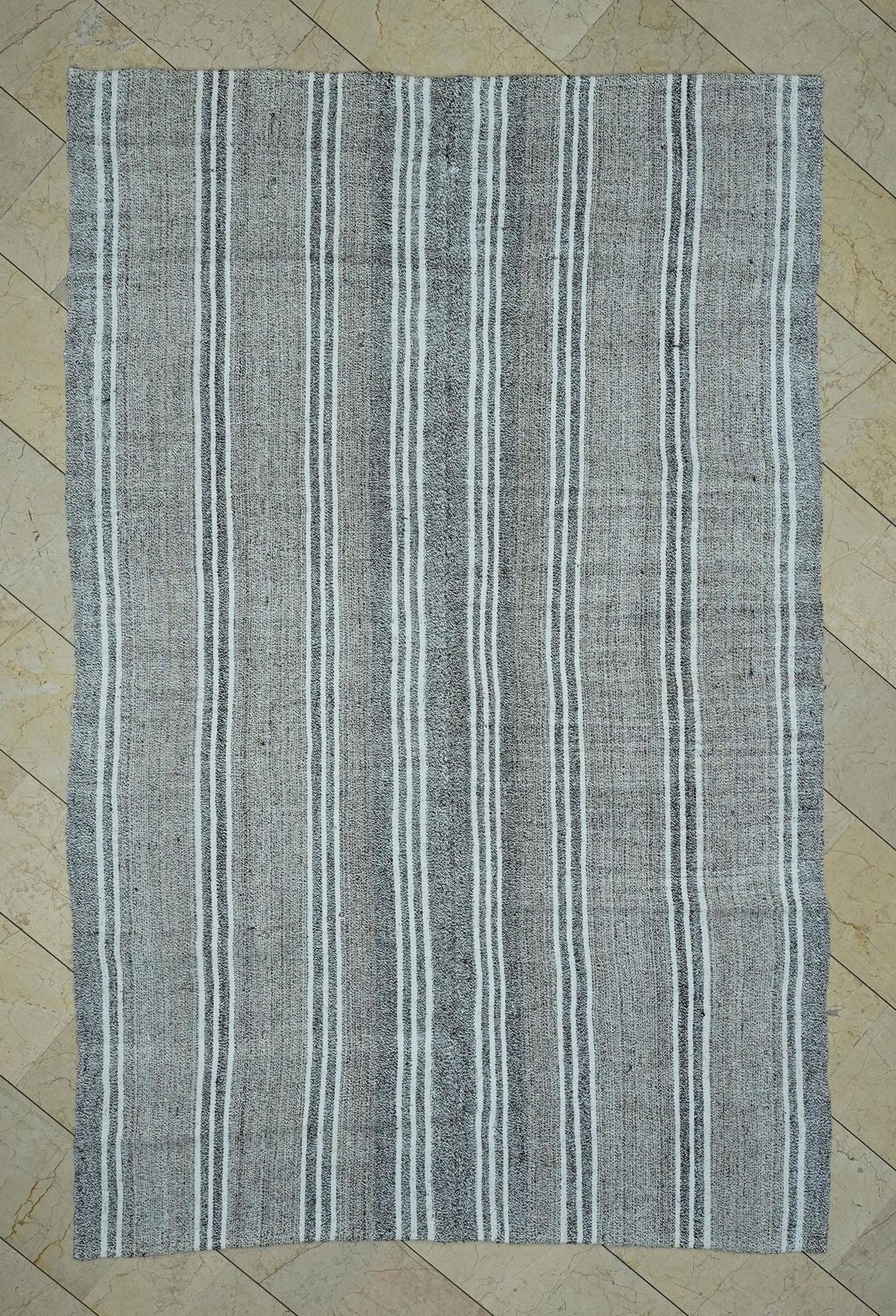 Vintage Turkish Kilim Rug: White Striped Gray Cotton & Goat Hair Rugs 6.1"x9.5" Feet.