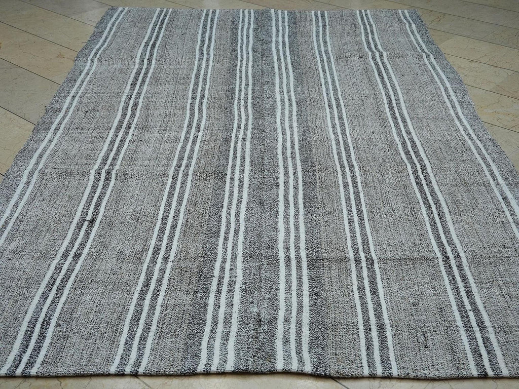 Vintage Turkish Kilim Rug: White Striped Gray Cotton & Goat Hair Rugs 6.1"x9.5" Feet.