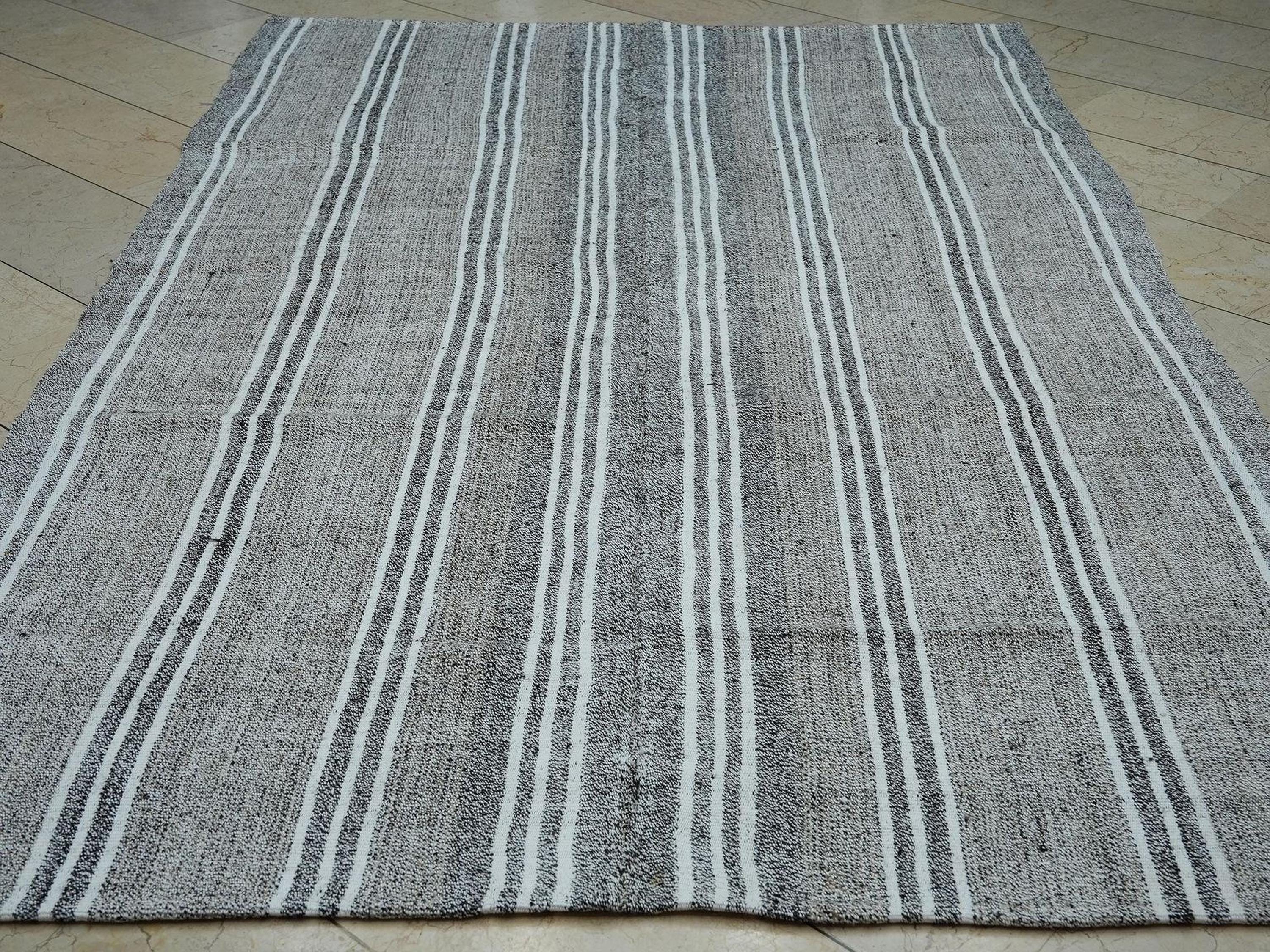 Vintage Turkish Kilim Rug: White Striped Gray Cotton & Goat Hair Rugs 6.1"x9.5" Feet.