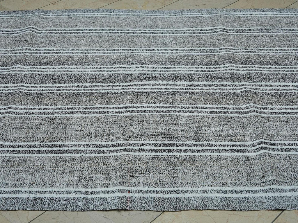 Vintage Turkish Kilim Rug: White Striped Gray Cotton & Goat Hair Rugs 6.1"x9.5" Feet.