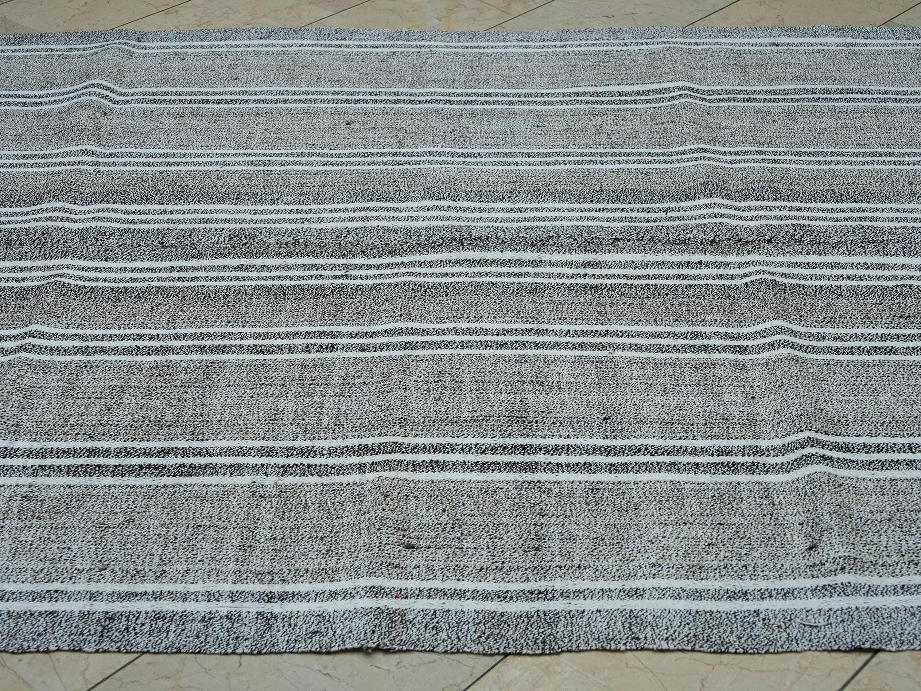 Vintage Turkish Kilim Rug: White Striped Gray Cotton & Goat Hair Rugs 6.1"x9.5" Feet.