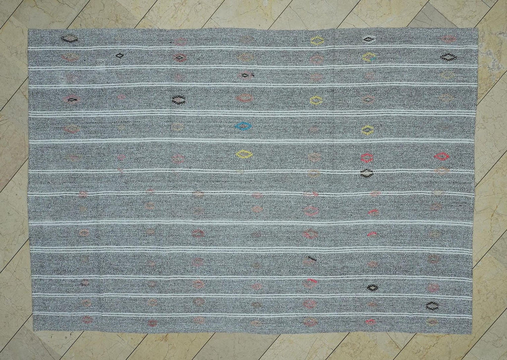 6x8 Gray Kilim Rug: Primitive Embroidered Turkish Rugs