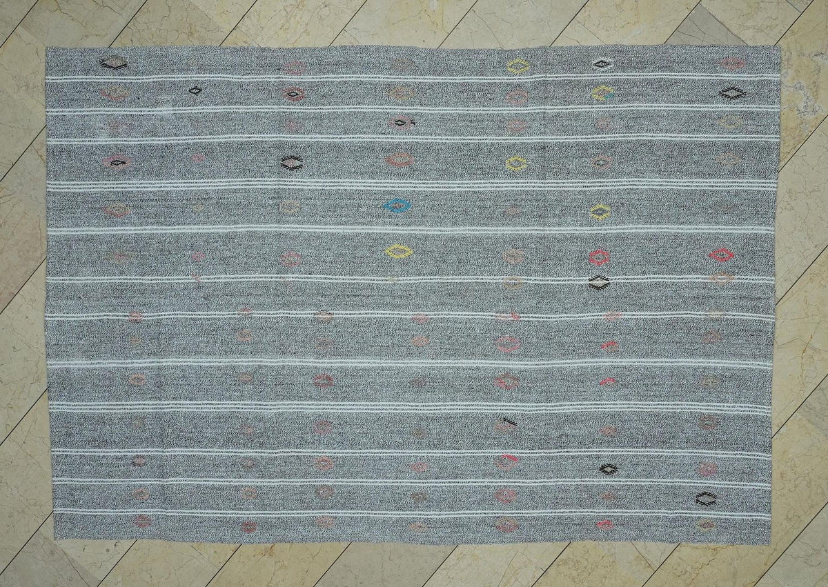 6x8 Gray Kilim Rug: Primitive Embroidered Turkish Rugs