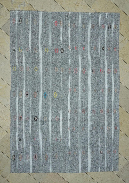 6x8 Gray Kilim Rug: Primitive Embroidered Turkish Rugs