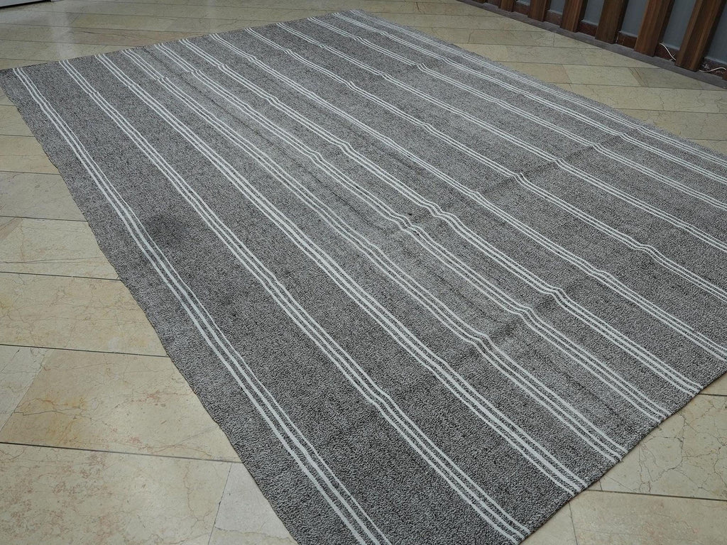 8x11 Mid Century Vintage White Striped Turkish Gray Kilim Rug.