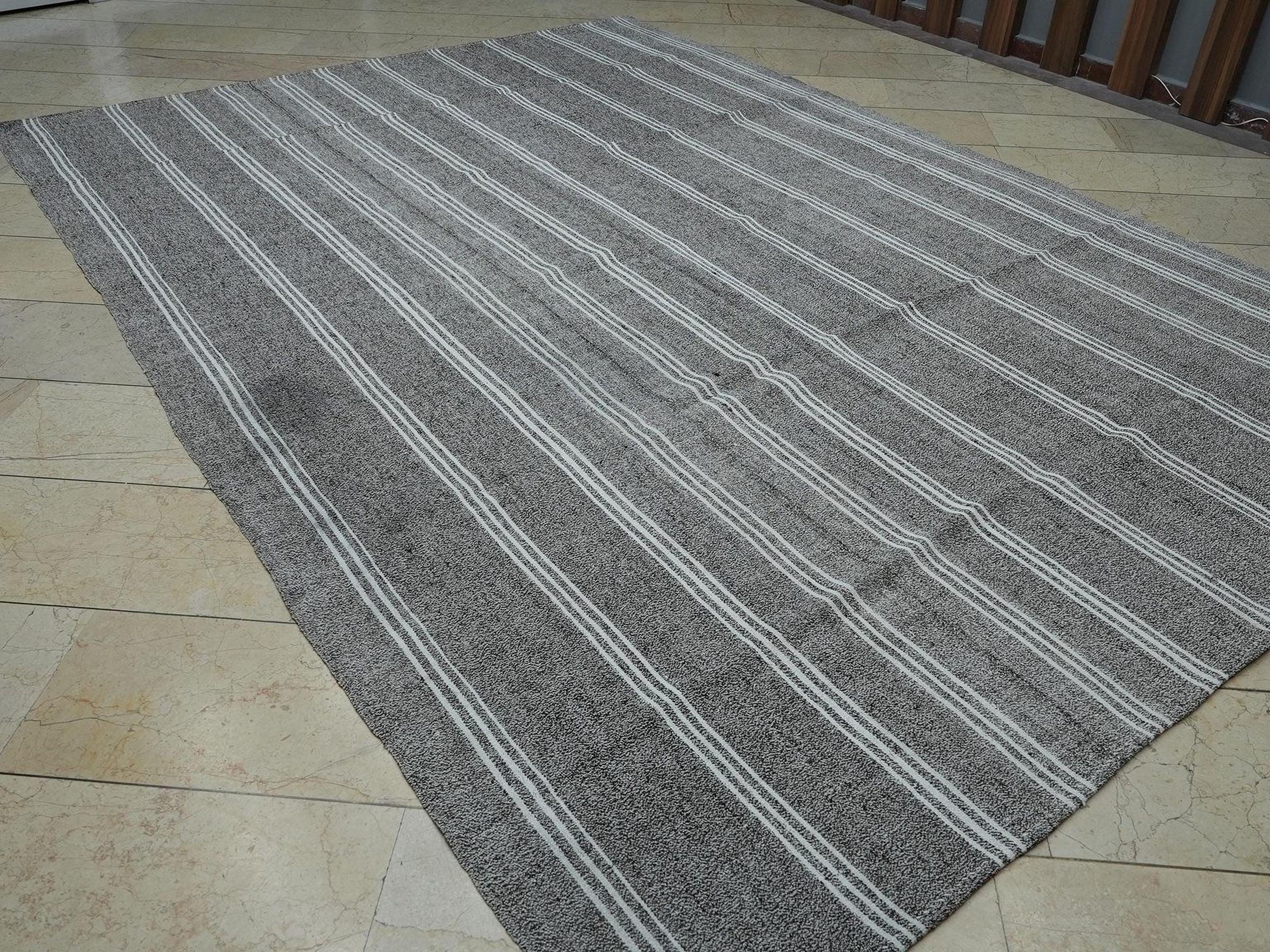 8x11 Mid Century Vintage White Striped Turkish Gray Kilim Rug.