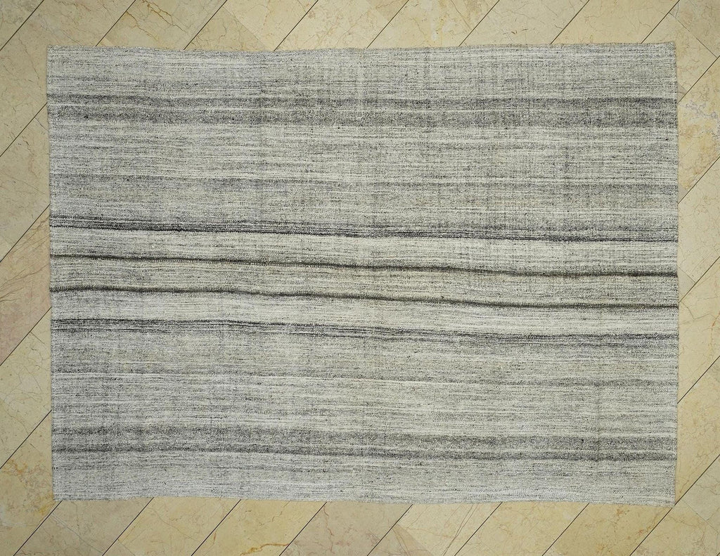 Handmade Turkish Kilim Rug (6.8x9.6 ft): Striped Gray & Black, Cotton Goat Hair Rugs.