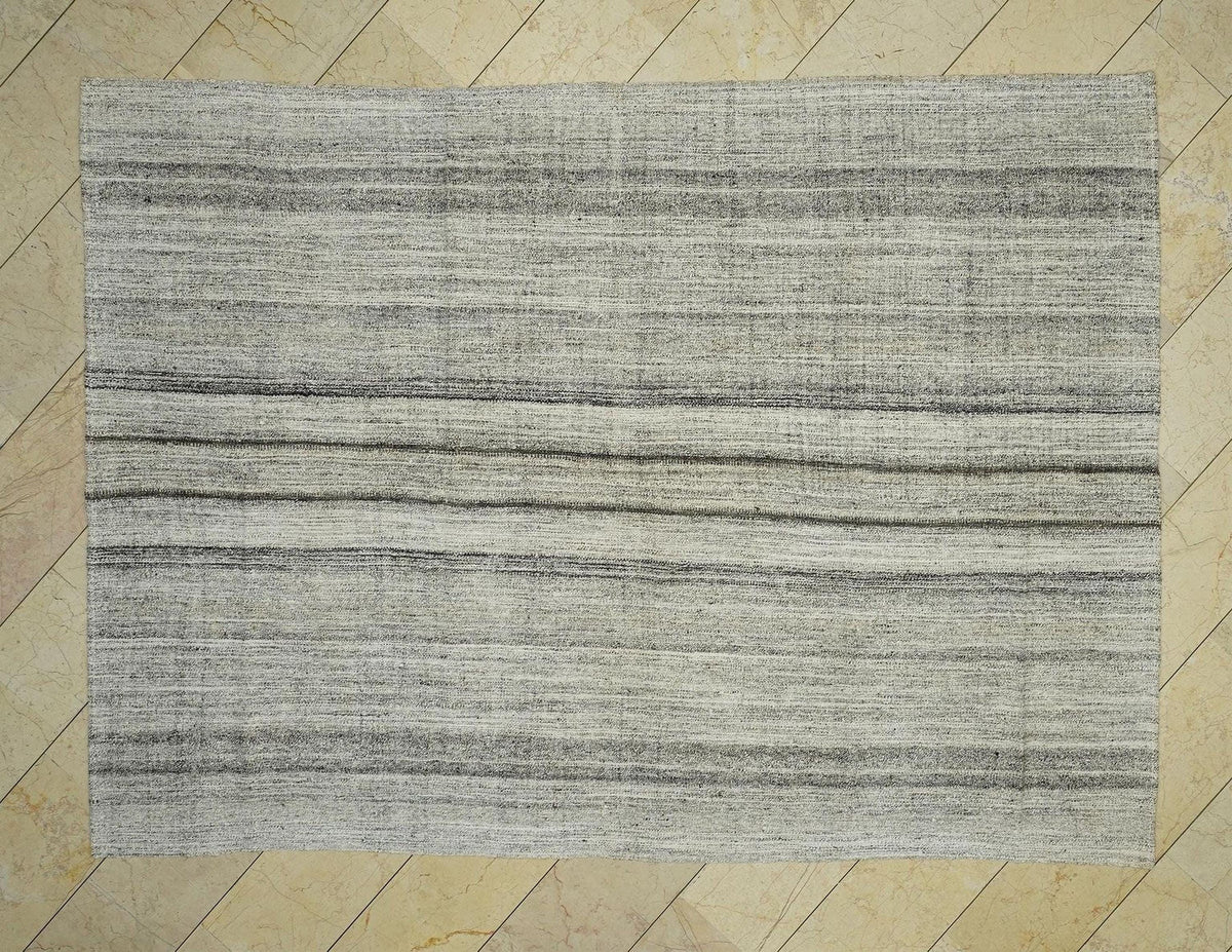 Handmade Turkish Kilim Rug (6.8x9.6 ft): Striped Gray & Black, Cotton Goat Hair Rugs.