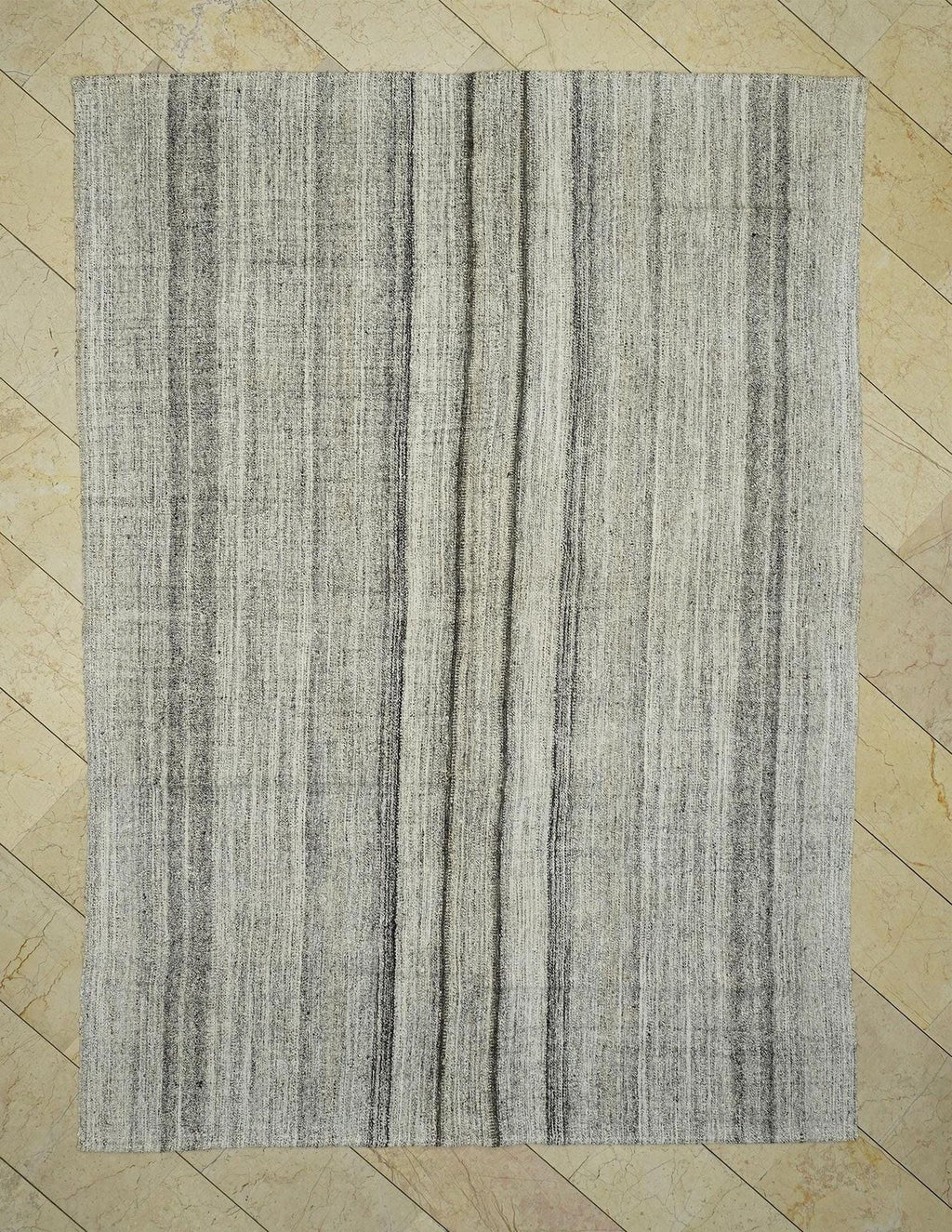 Handmade Turkish Kilim Rug (6.8x9.6 ft): Striped Gray & Black, Cotton Goat Hair Rugs.