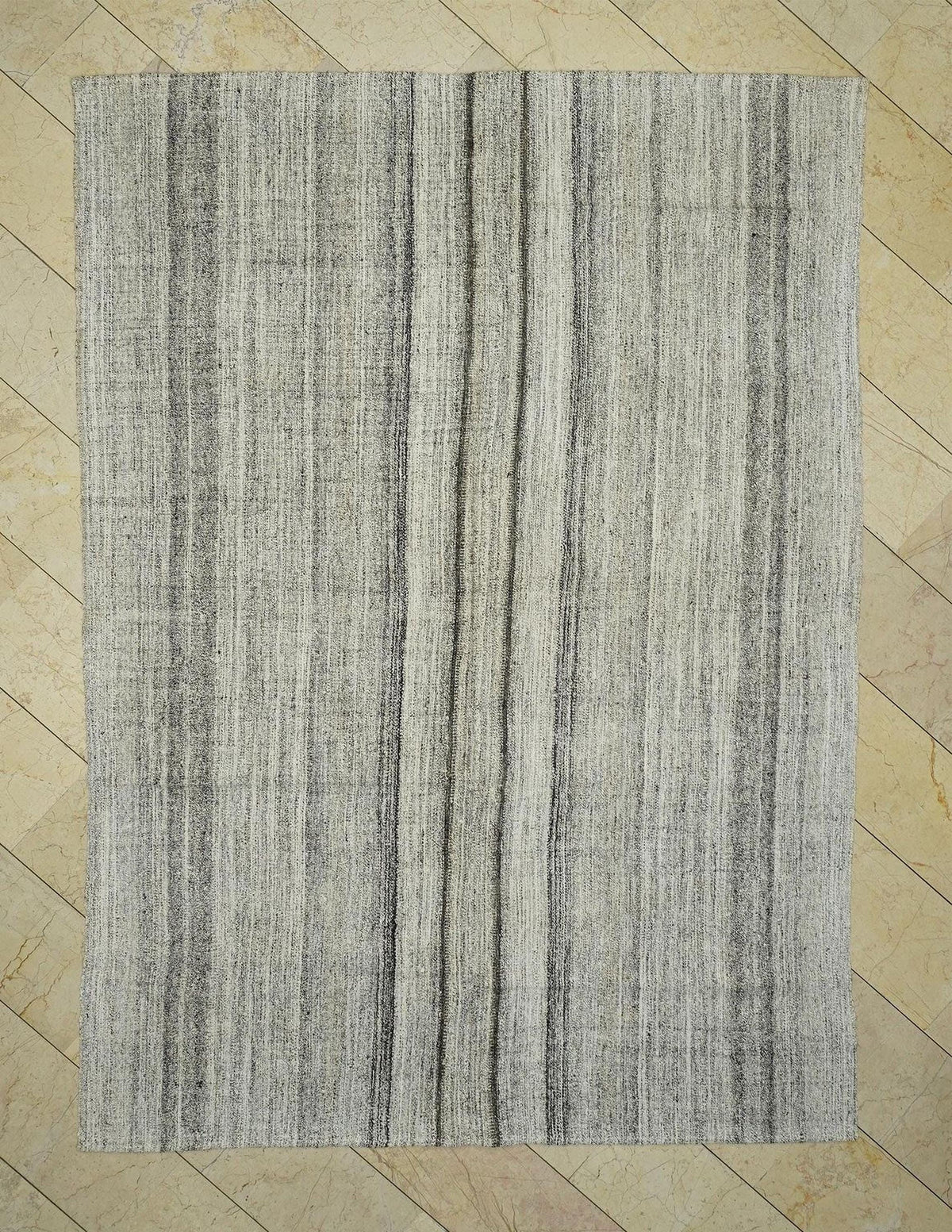 Handmade Turkish Kilim Rug (6.8x9.6 ft): Striped Gray & Black, Cotton Goat Hair Rugs.