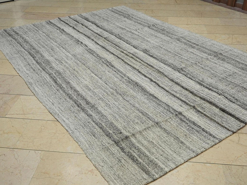 Handmade Turkish Kilim Rug (6.8x9.6 ft): Striped Gray & Black, Cotton Goat Hair Rugs.