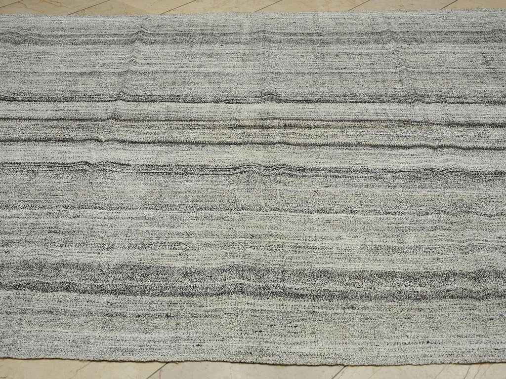 Handmade Turkish Kilim Rug (6.8x9.6 ft): Striped Gray & Black, Cotton Goat Hair Rugs.