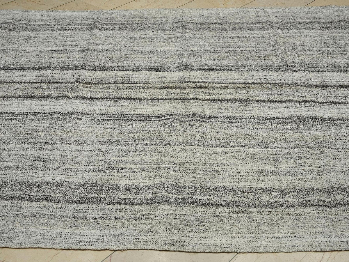 Handmade Turkish Kilim Rug (6.8x9.6 ft): Striped Gray & Black, Cotton Goat Hair Rugs.