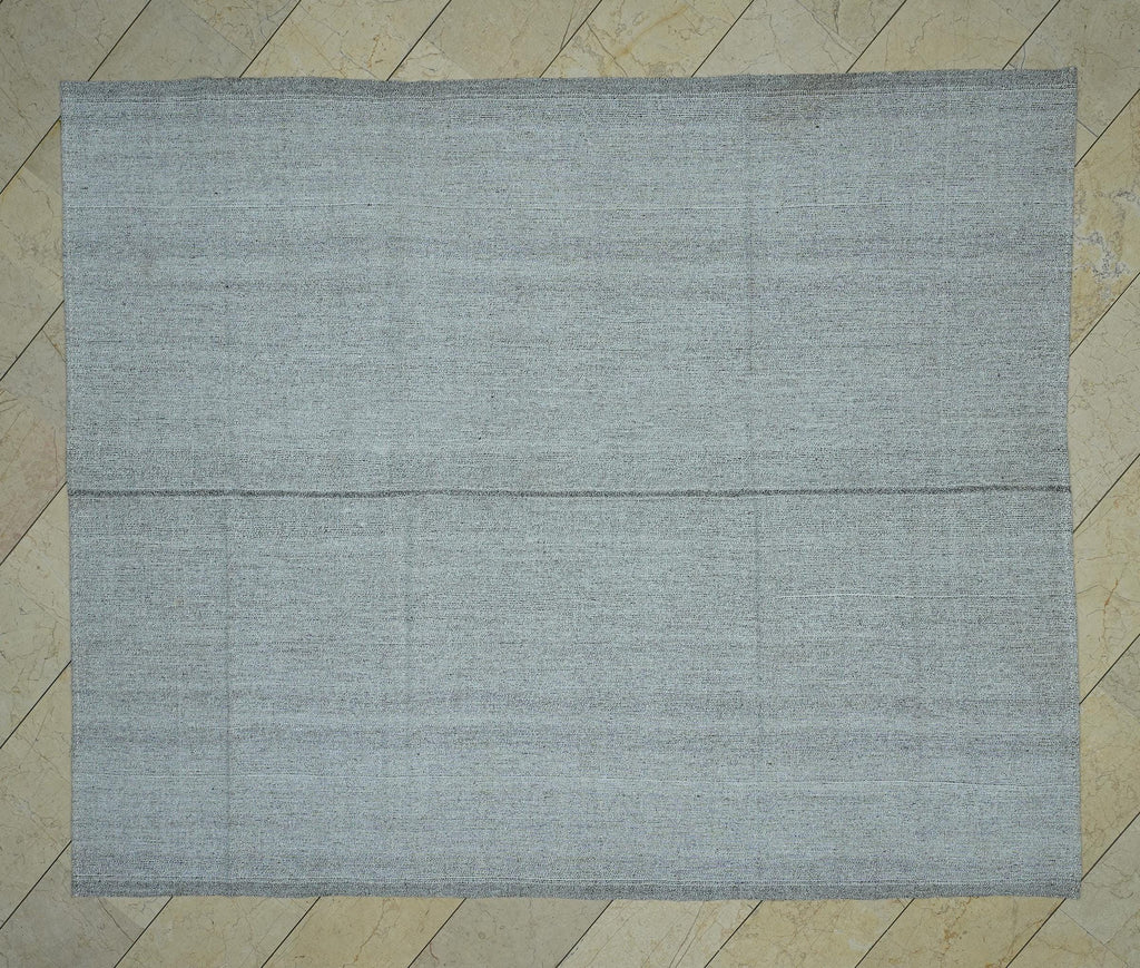 Mid Century Turkish Kilim Rug: 7x9 Grayish White Flat Weave Rugs.