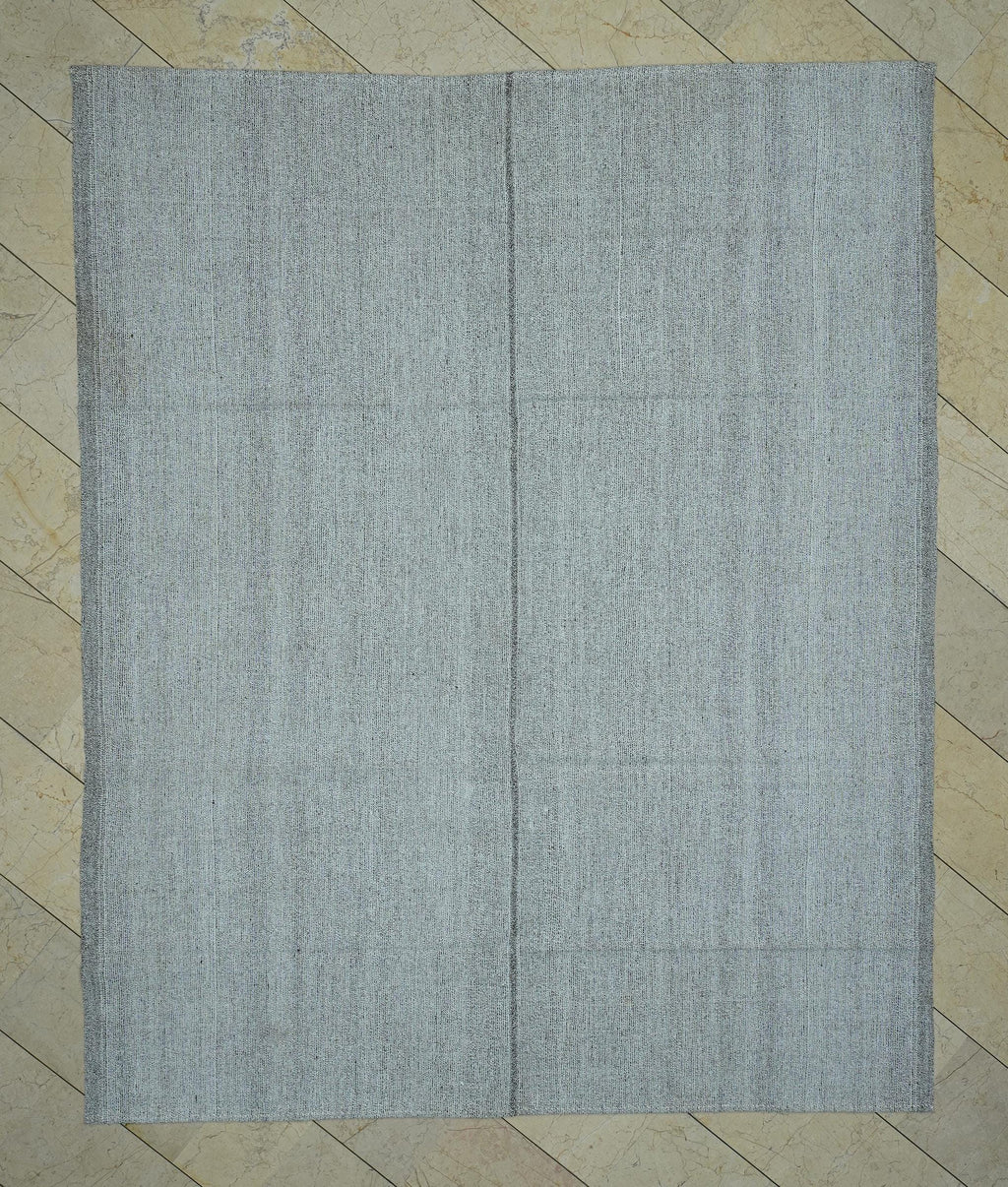 Mid Century Turkish Kilim Rug: 7x9 Grayish White Flat Weave Rugs.