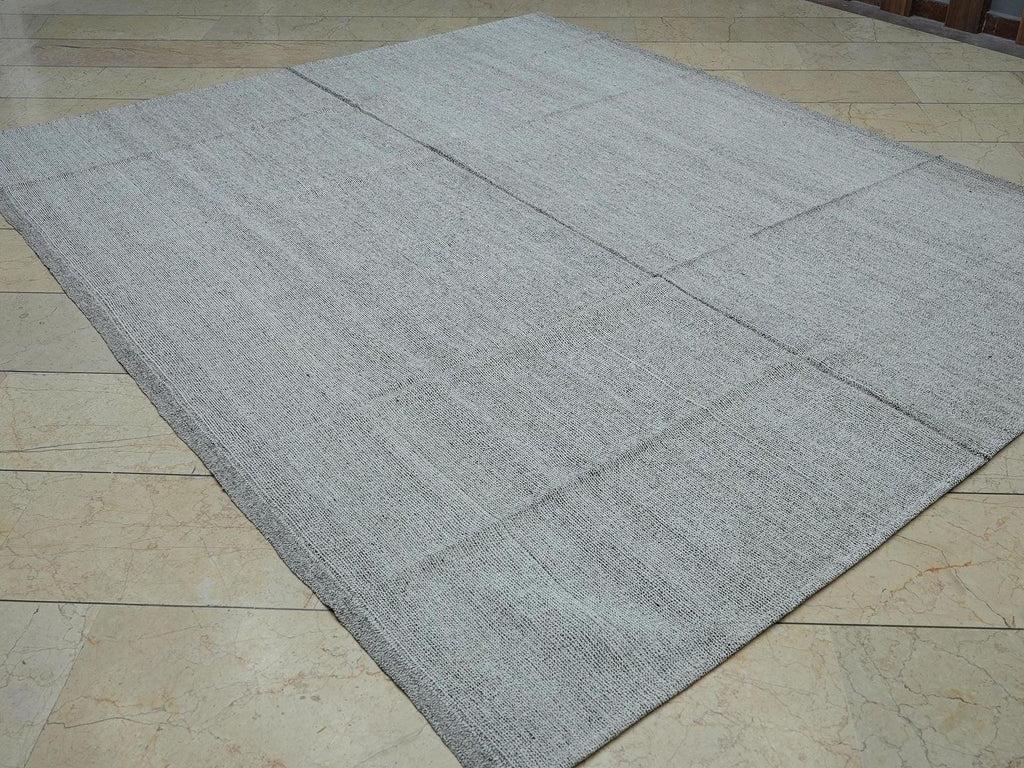 Mid Century Turkish Kilim Rug: 7x9 Grayish White Flat Weave Rugs.