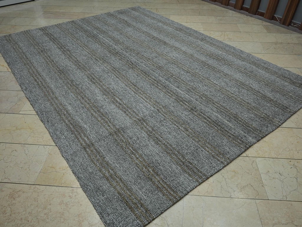 Vintage Turkish Kilim Rug: 8x10 Gray & Brown Stripe, Mid-Century Modern Rugs