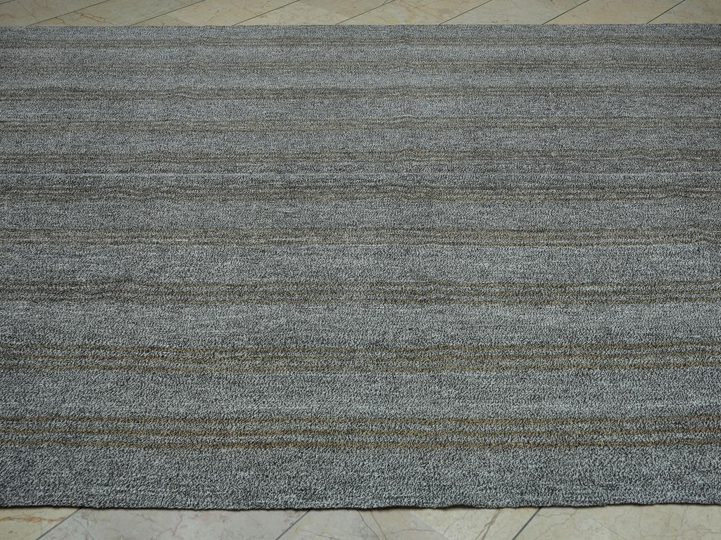 Vintage Turkish Kilim Rug: 8x10 Gray & Brown Stripe, Mid-Century Modern Rugs