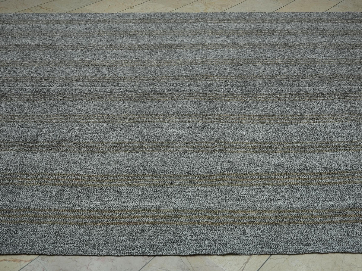 Vintage Turkish Kilim Rug: 8x10 Gray & Brown Stripe, Mid-Century Modern Rugs