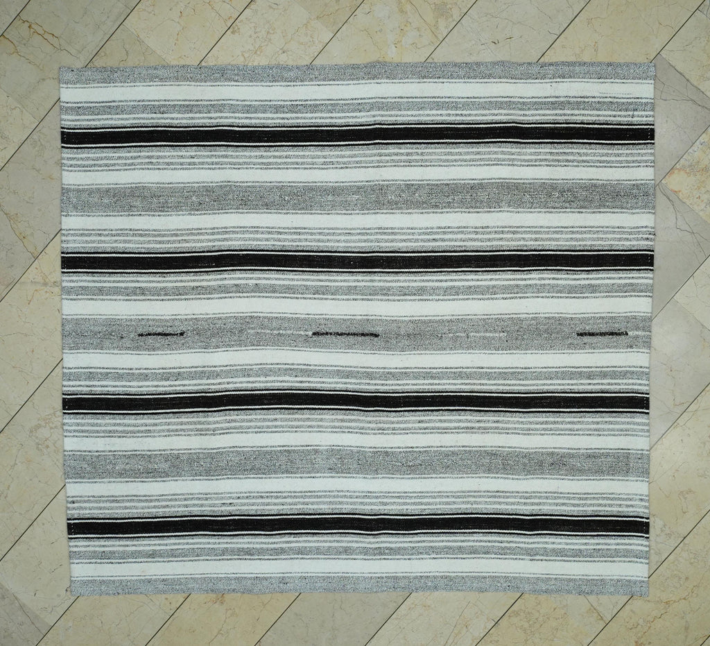 Minimal Decor Striped Flat Weave Turkish Kilim Rug: 6.3x7 Feet,Cotton & Goat Hair Rugs
