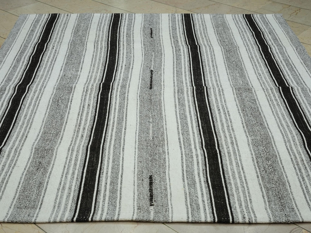 Minimal Decor Striped Flat Weave Turkish Kilim Rug: 6.3x7 Feet,Cotton & Goat Hair Rugs