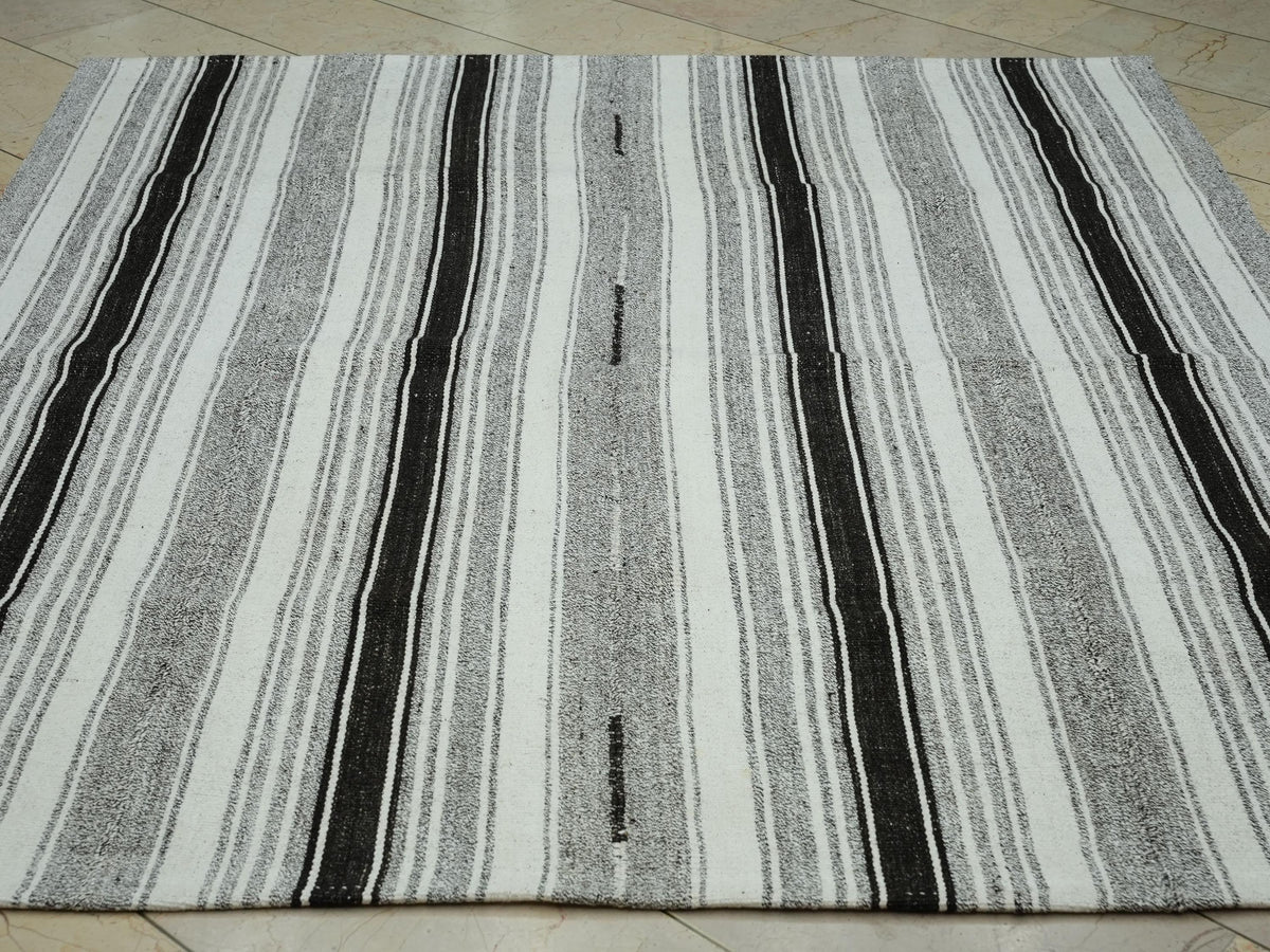 Minimal Decor Striped Flat Weave Turkish Kilim Rug: 6.3x7 Feet,Cotton & Goat Hair Rugs