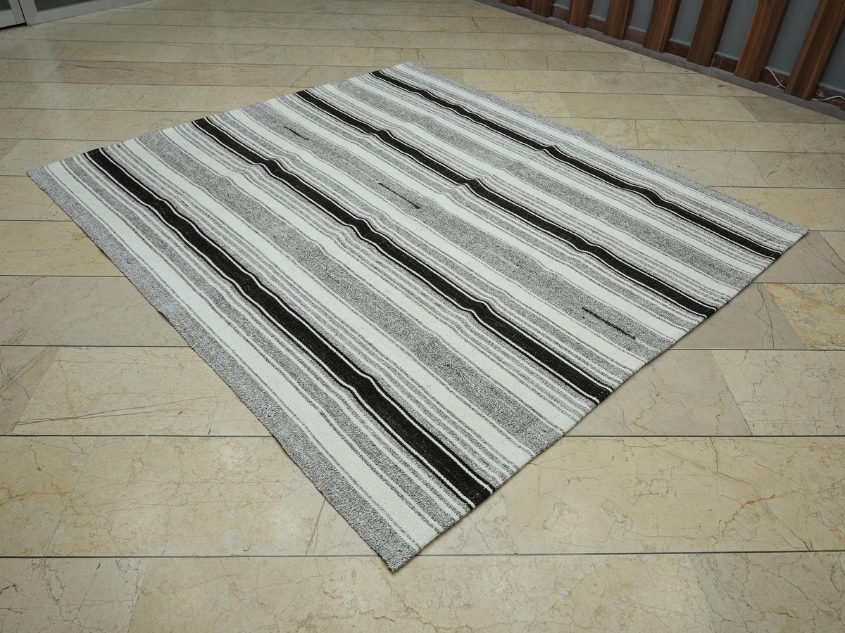 Minimal Decor Striped Flat Weave Turkish Kilim Rug: 6.3x7 Feet,Cotton & Goat Hair Rugs