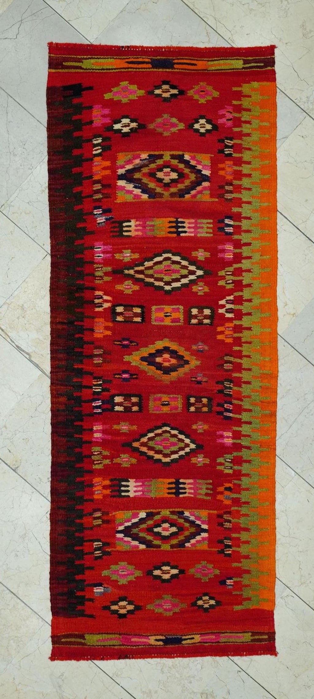 Small Size Handmade Kilim Rug Runner: Tribal Flat Weave Orange Rugs, 2.4x6.5 ft.