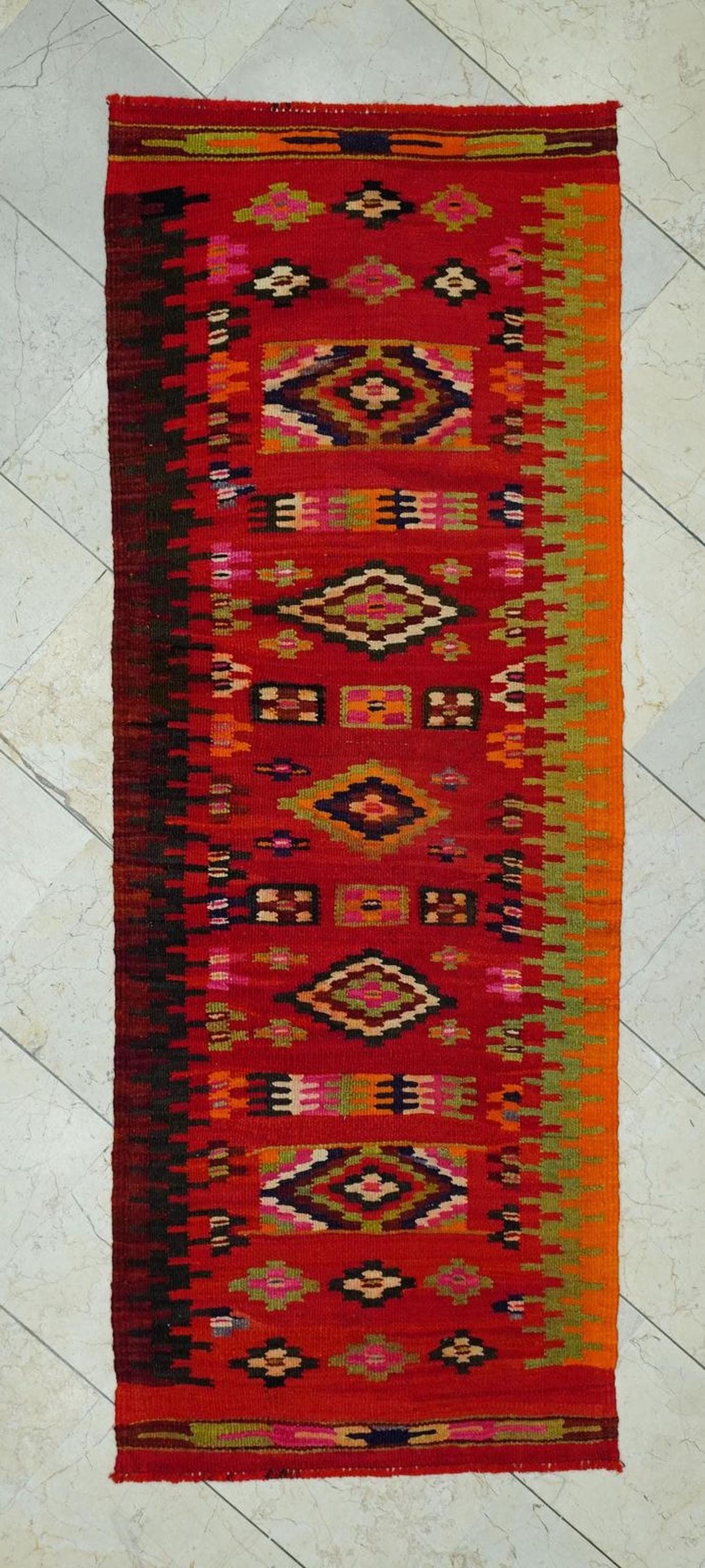 Small Size Handmade Kilim Rug Runner: Tribal Flat Weave Orange Rugs, 2.4x6.5 ft.