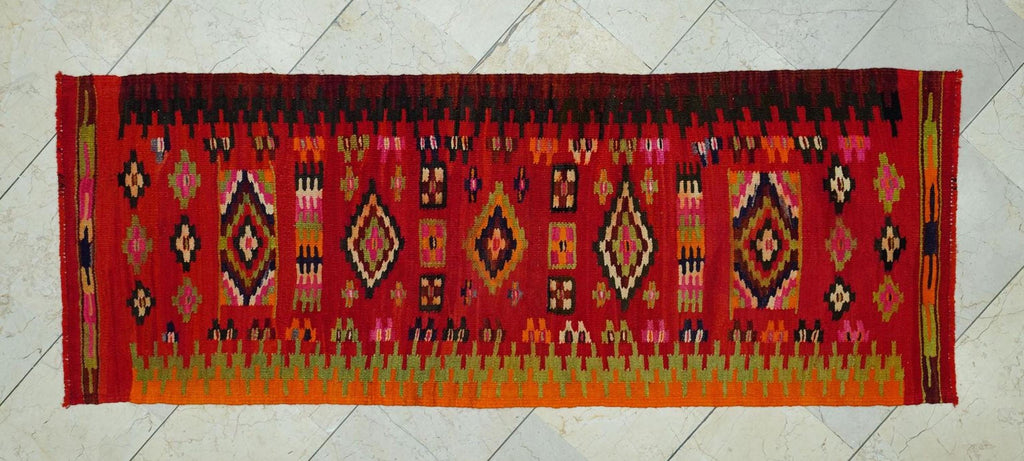 Small Size Handmade Kilim Rug Runner: Tribal Flat Weave Orange Rugs, 2.4x6.5 ft.