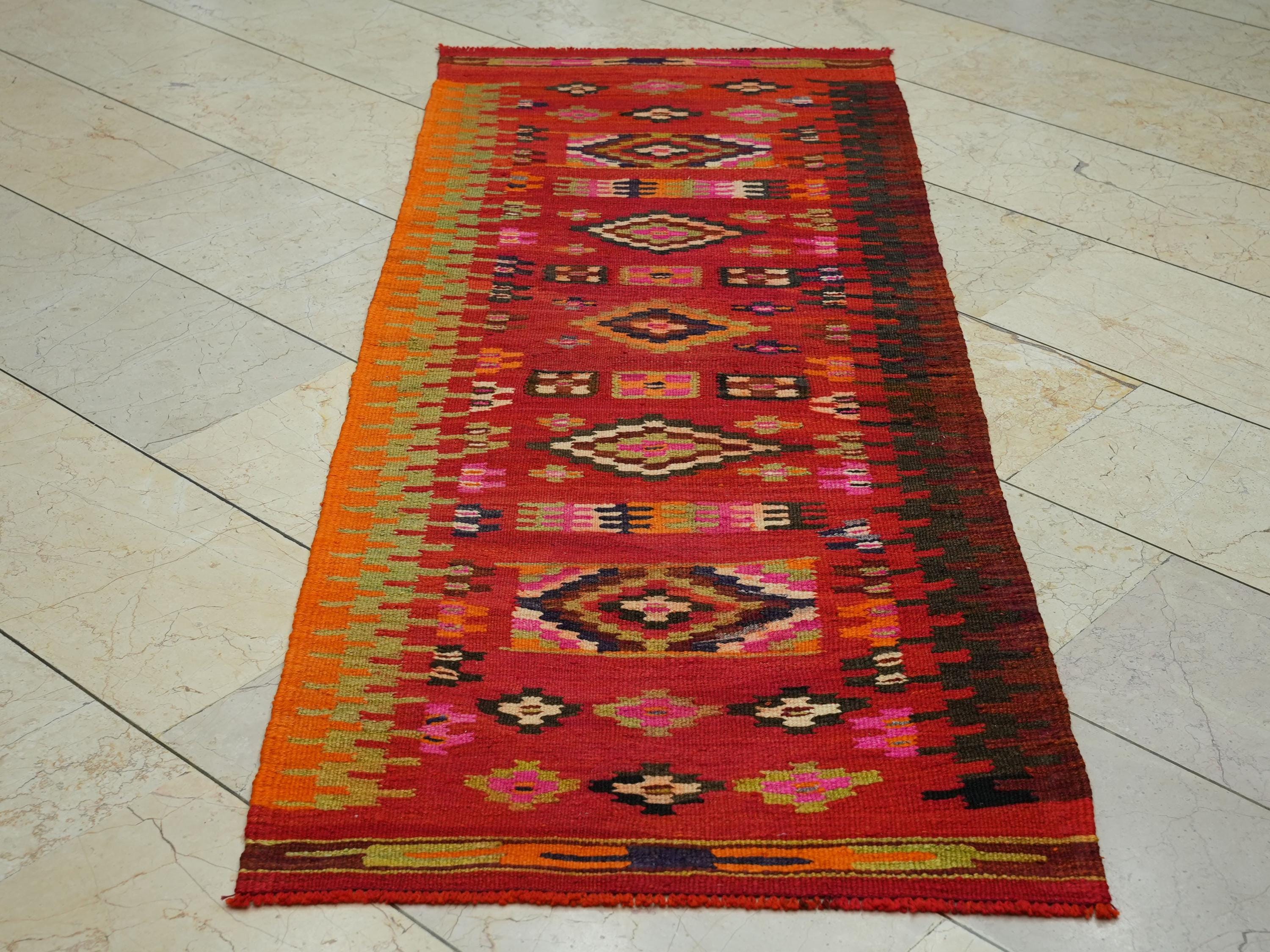 Small Size Handmade Kilim Rug Runner: Tribal Flat Weave Orange Rugs, 2.4x6.5 ft.