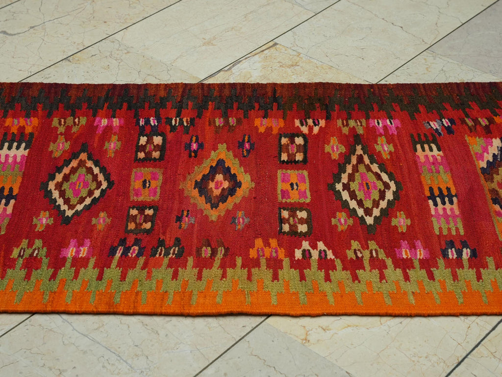 Small Size Handmade Kilim Rug Runner: Tribal Flat Weave Orange Rugs, 2.4x6.5 ft.