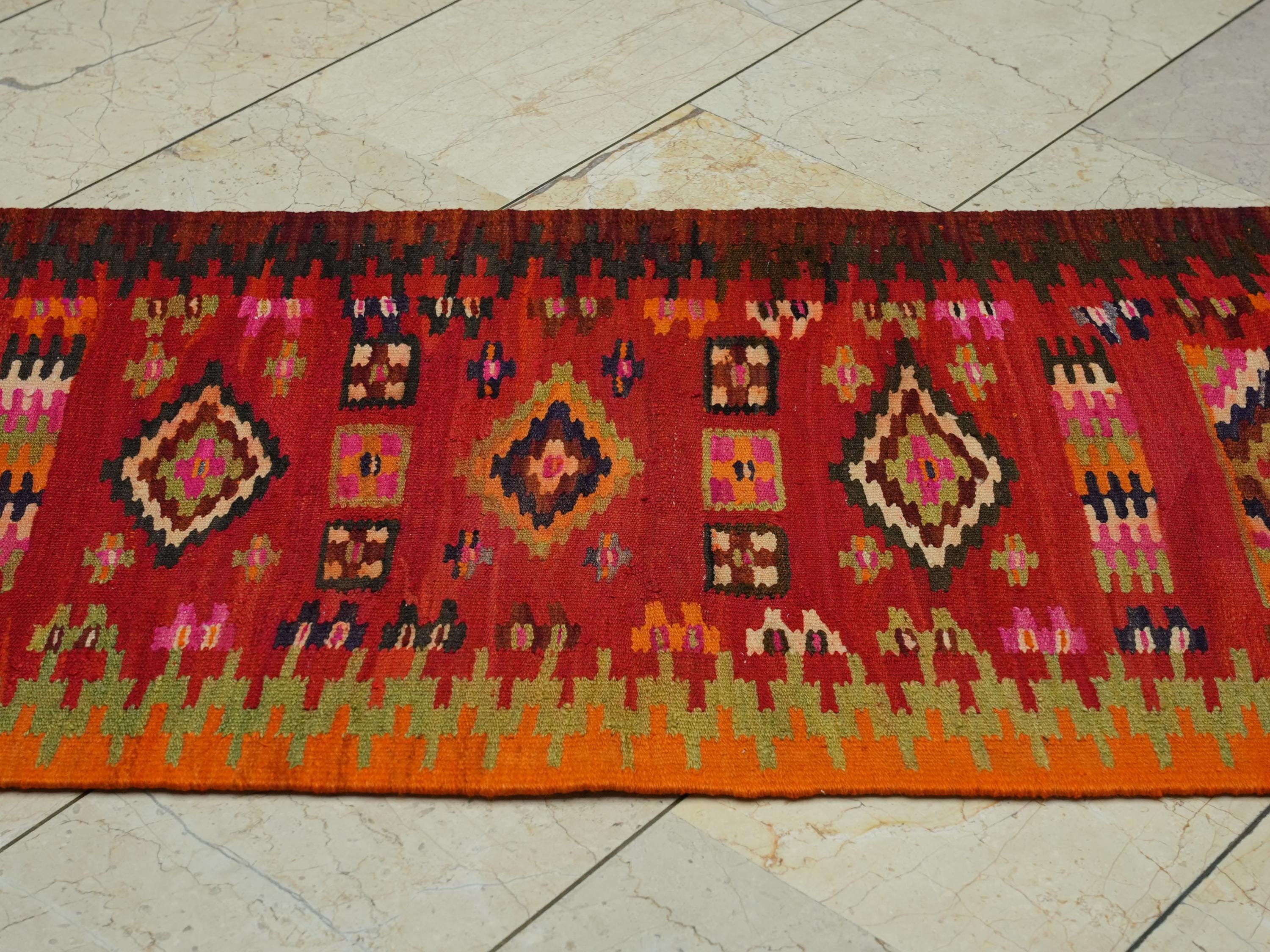 Small Size Handmade Kilim Rug Runner: Tribal Flat Weave Orange Rugs, 2.4x6.5 ft.