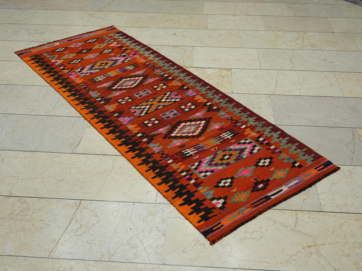 Orange Handmade Kilim Rug Runner: Wedding Gift Flat Weave Wool Rugs 2.4x6.6 ft.